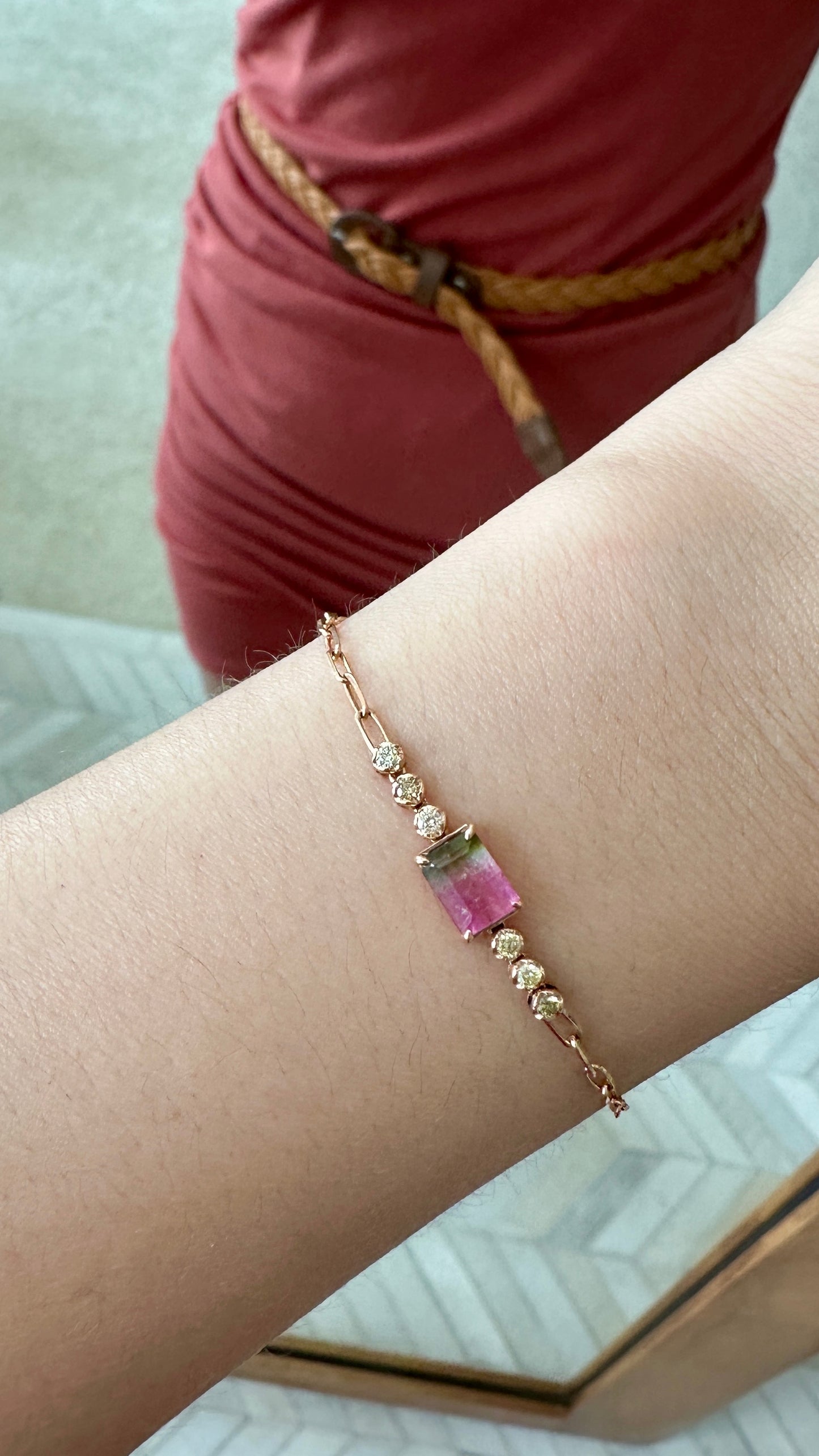 Watermelon Tourmaline & Diamond Paperclip Link Bracelet (1.08ctw)