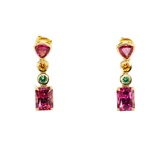 Rhodolite, Spessartite, Tsavorite Garnet and Tourmaline Drop Earrings