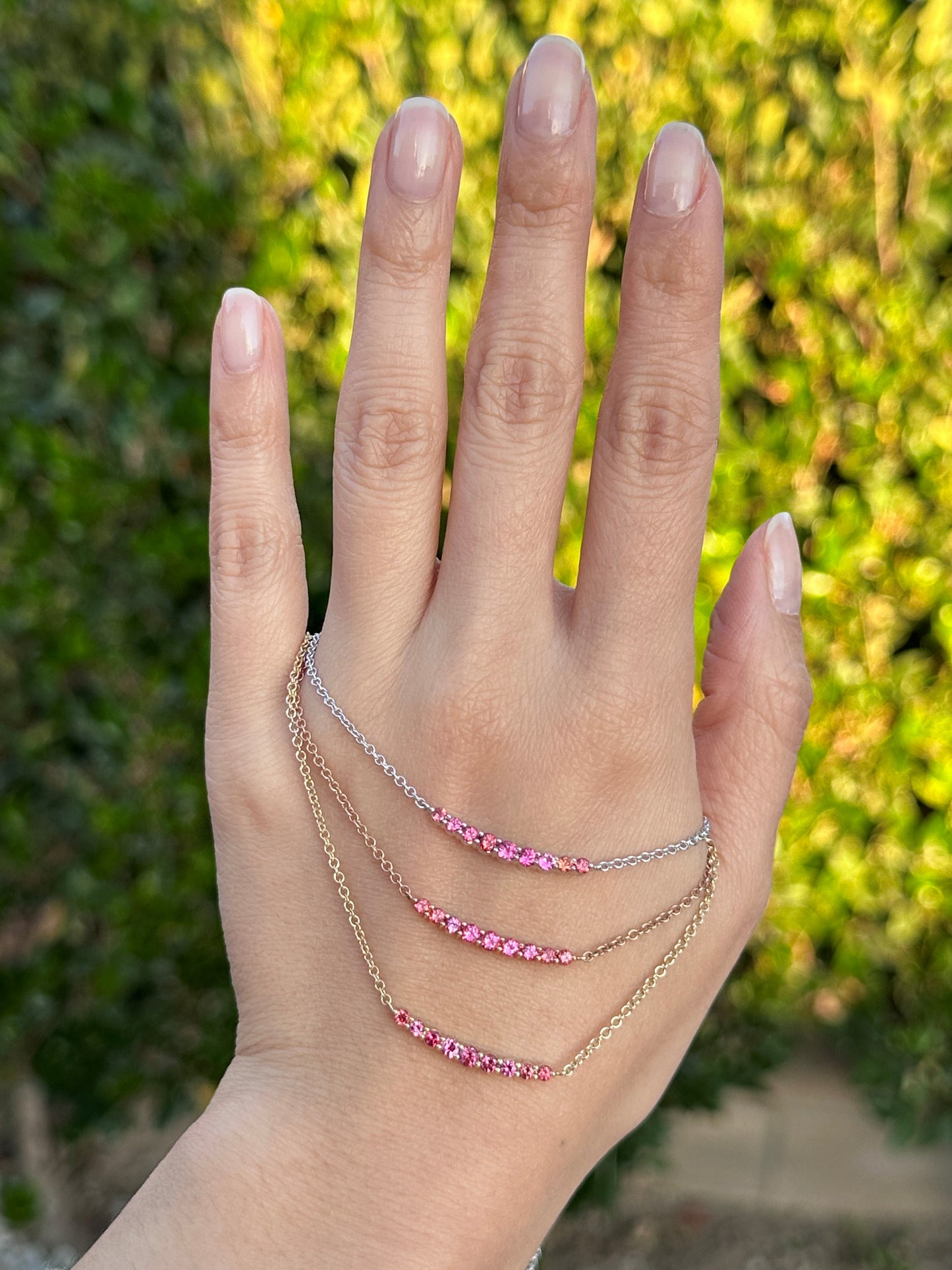 On Hand: Pink Spinel Smile Crescent Necklace, Unheated Pink Spinel from Vietnam, (Top to Bottom: 18K White Gold; 18K Rose Gold, 18K Yellow Gold)
