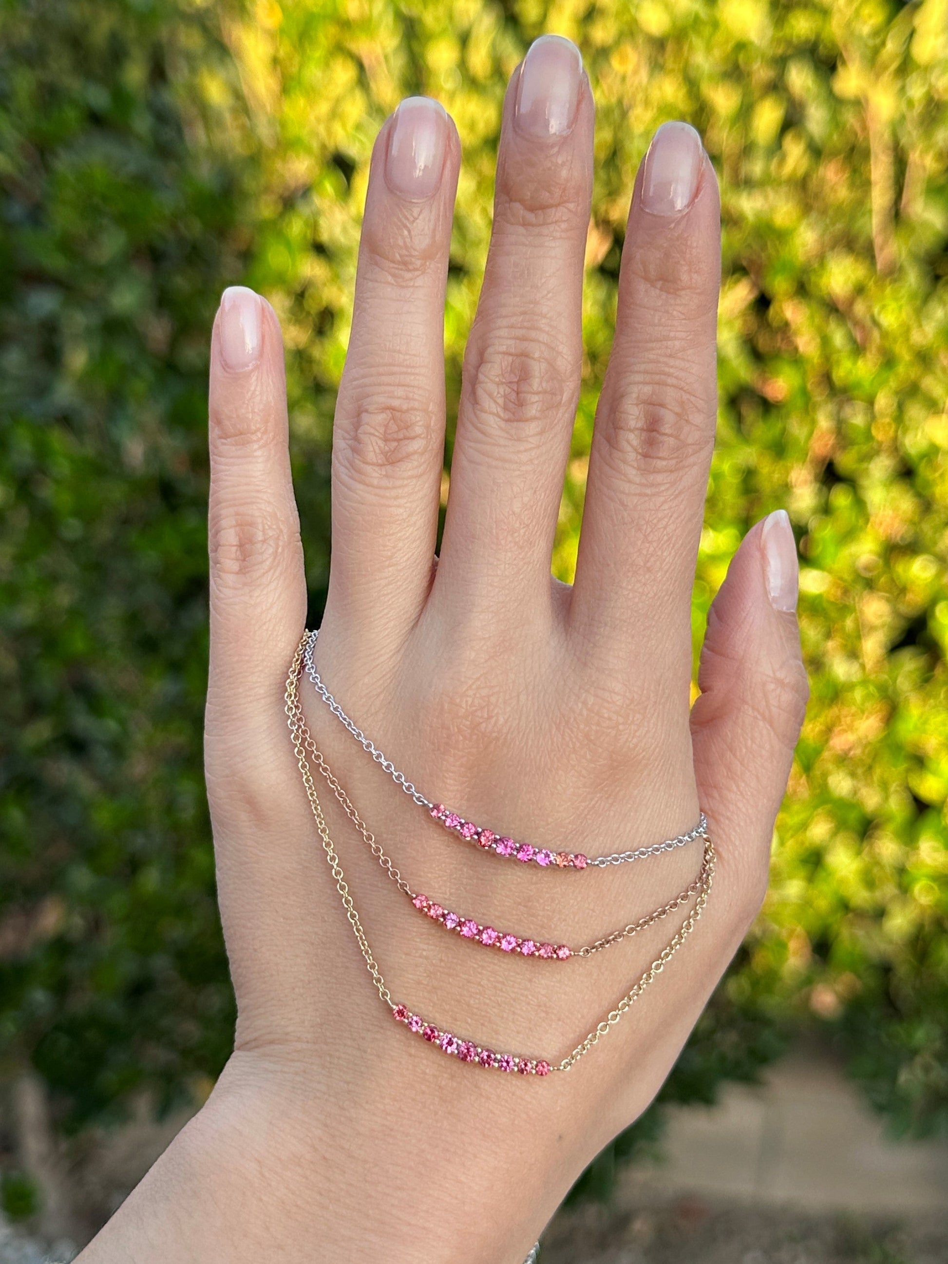 On Hand: Pink Spinel Smile Crescent Necklace, Unheated Pink Spinel from Vietnam, (Top to Bottom: 18K White Gold; 18K Rose Gold, 18K Yellow Gold)