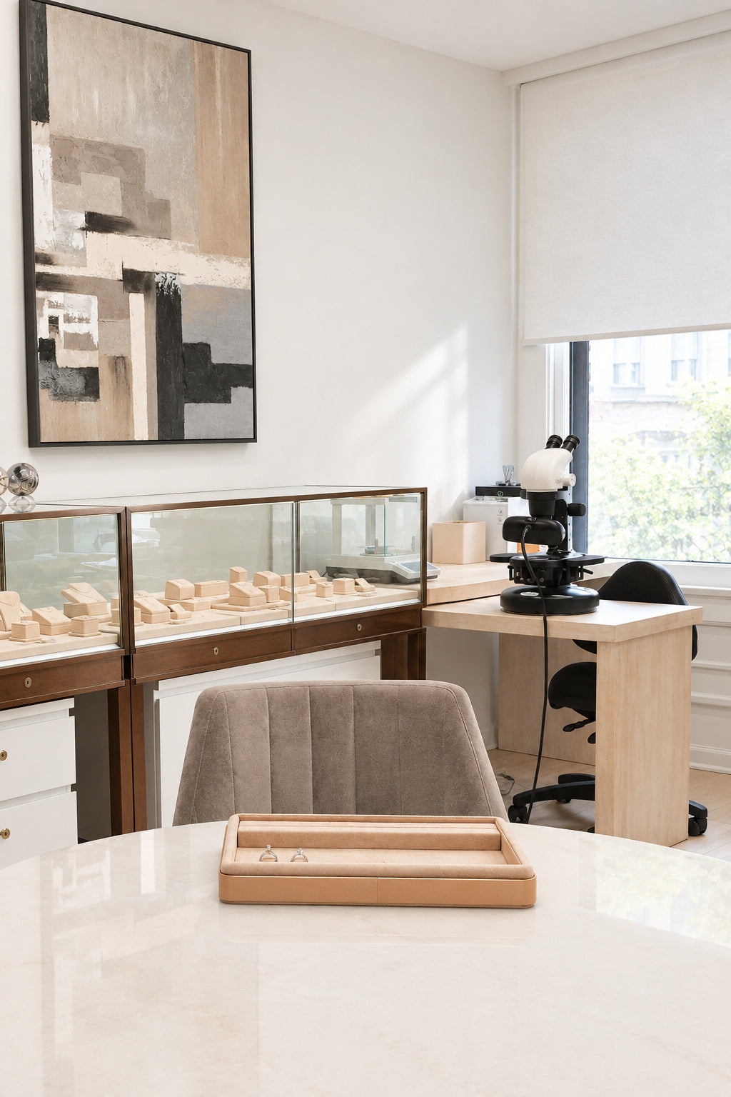 A modern jewelry display showroom
