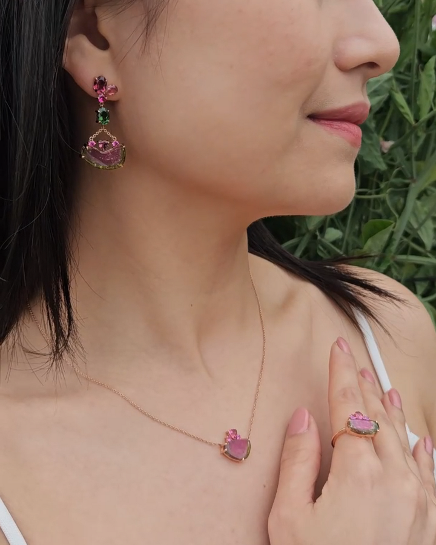 Watermelon Slice and Spinel Pendant Necklace